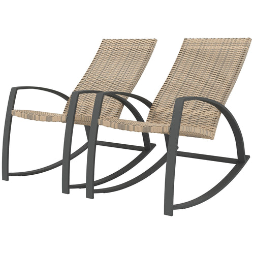 2 Pieces Wicker Patio Rocking Chair Set, Rattan Outdoor Rocking Chair Set with High Back, Armrests for Garden, Khaki
