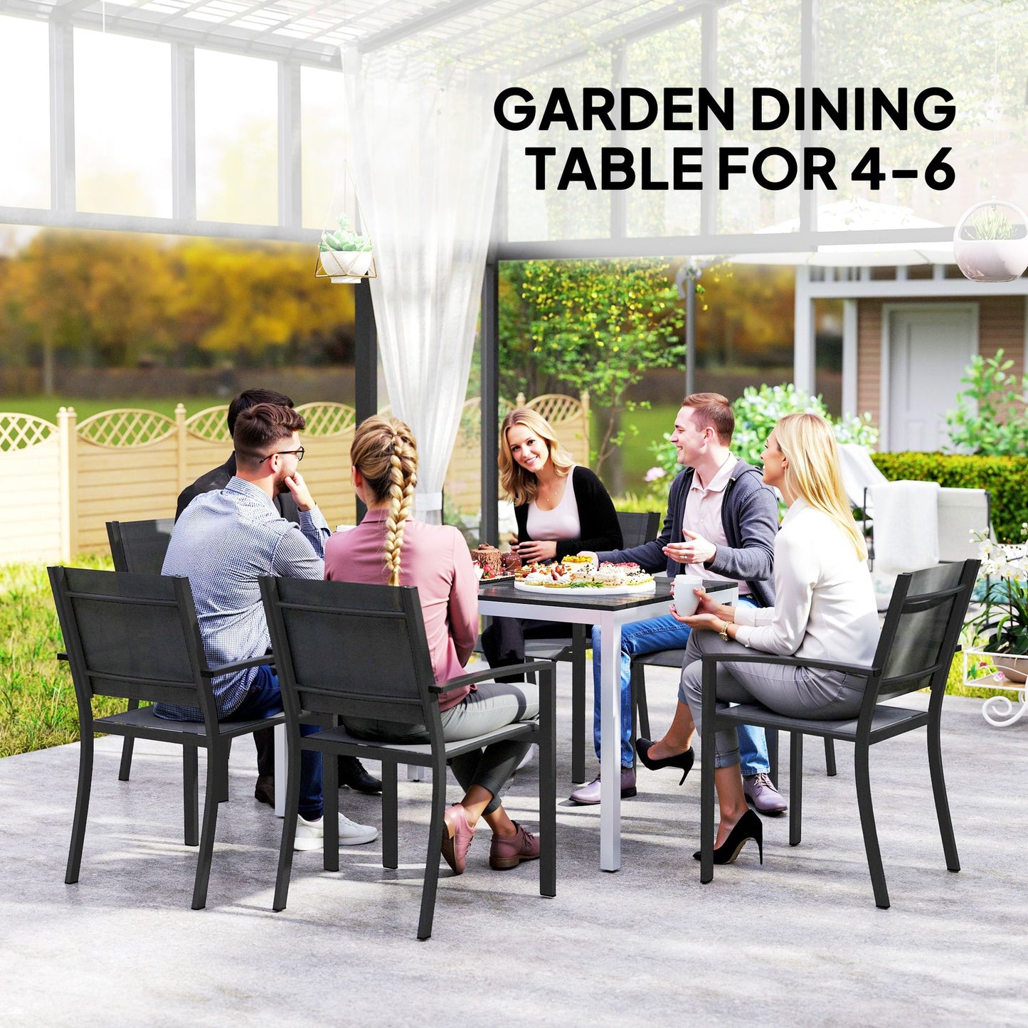 Outdoor Dining Table for 4-6 with Easy Maintenance Slatted Top, Rust-Resistant Aluminium Frame, Black