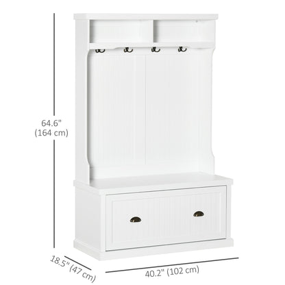 Modern Hall Tree, Coat Rack, Coat Stand With Shoe Storage Bench, 3-in-1 Wardrobe with 4 Double Hooks and 2 Shelves, Coat Hanger for Hallway, Living Room, White