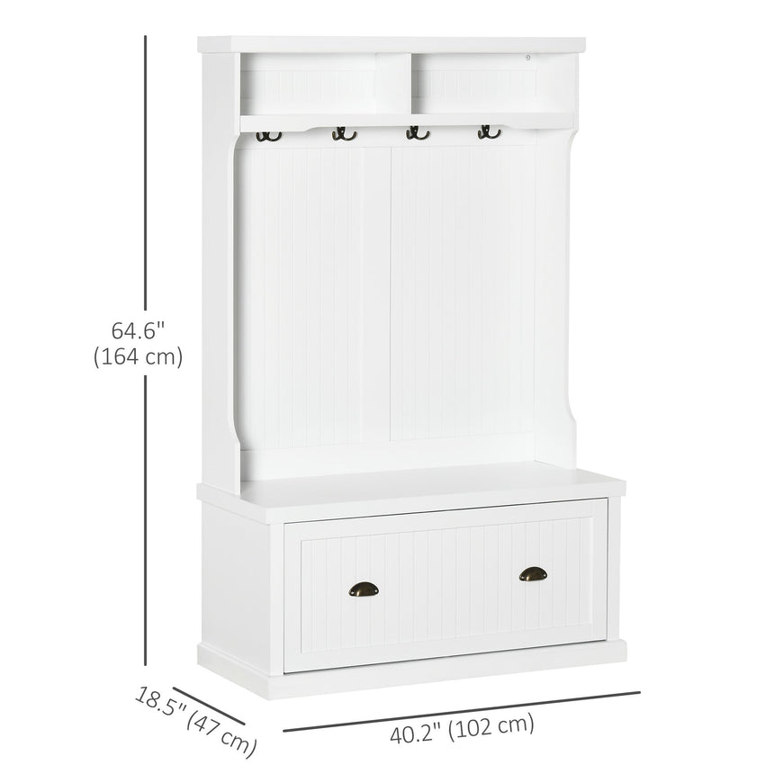 Modern Hall Tree, Coat Rack, Coat Stand With Shoe Storage Bench, 3-in-1 Wardrobe with 4 Double Hooks and 2 Shelves, Coat Hanger for Hallway, Living Room, White