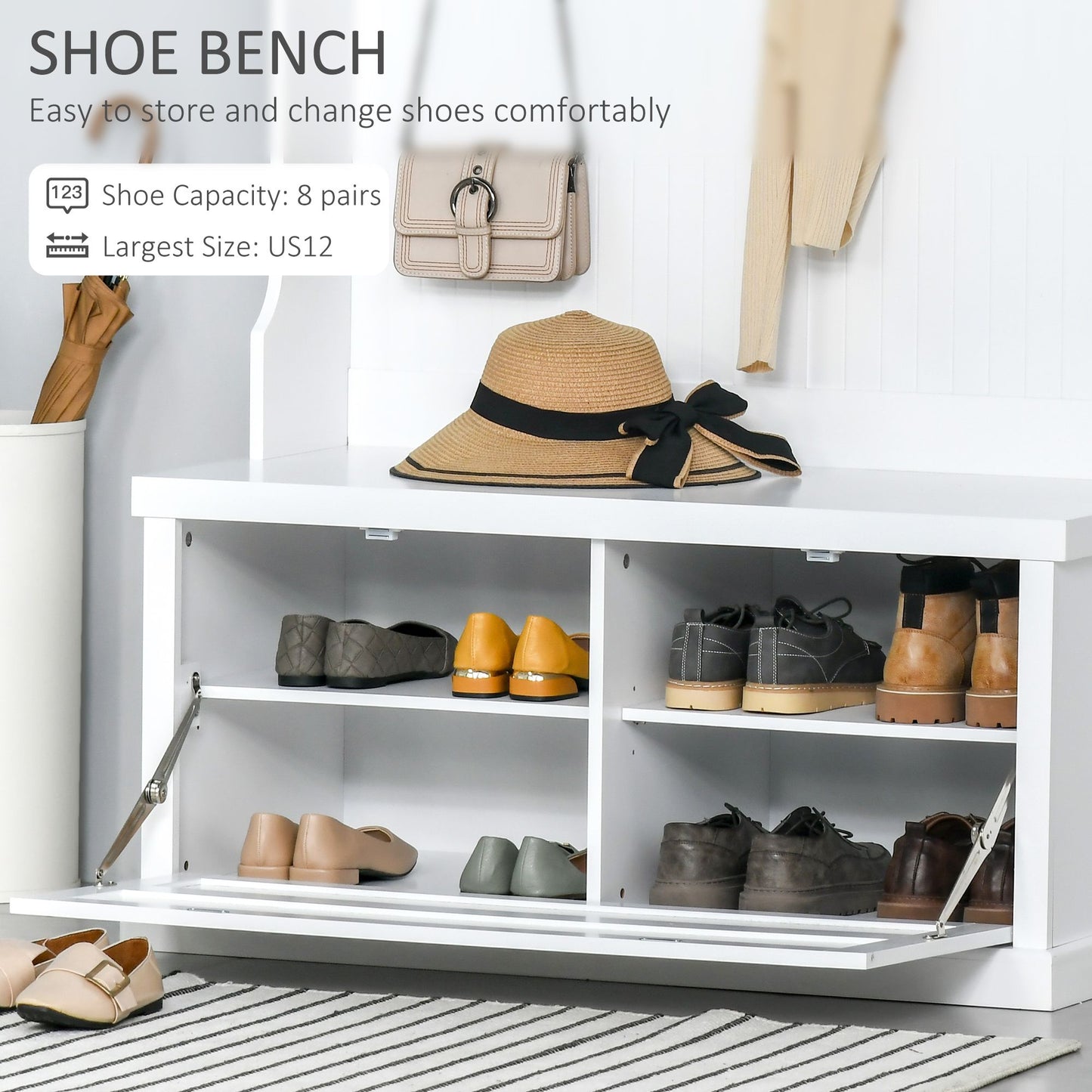 Modern Hall Tree, Coat Rack, Coat Stand With Shoe Storage Bench, 3-in-1 Wardrobe with 4 Double Hooks and 2 Shelves, Coat Hanger for Hallway, Living Room, White
