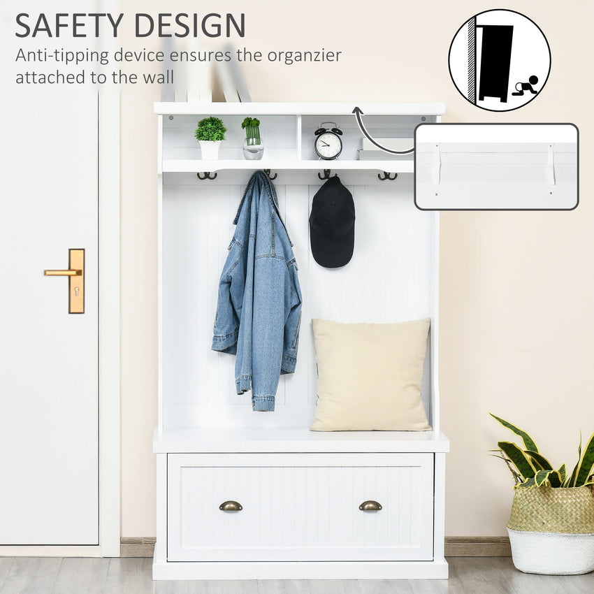 Modern Hall Tree, Coat Rack, Coat Stand With Shoe Storage Bench, 3-in-1 Wardrobe with 4 Double Hooks and 2 Shelves, Coat Hanger for Hallway, Living Room, White