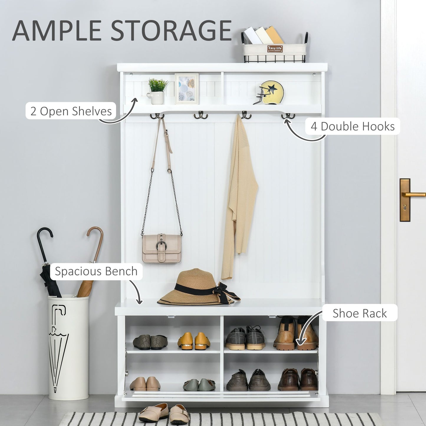 Modern Hall Tree, Coat Rack, Coat Stand With Shoe Storage Bench, 3-in-1 Wardrobe with 4 Double Hooks and 2 Shelves, Coat Hanger for Hallway, Living Room, White