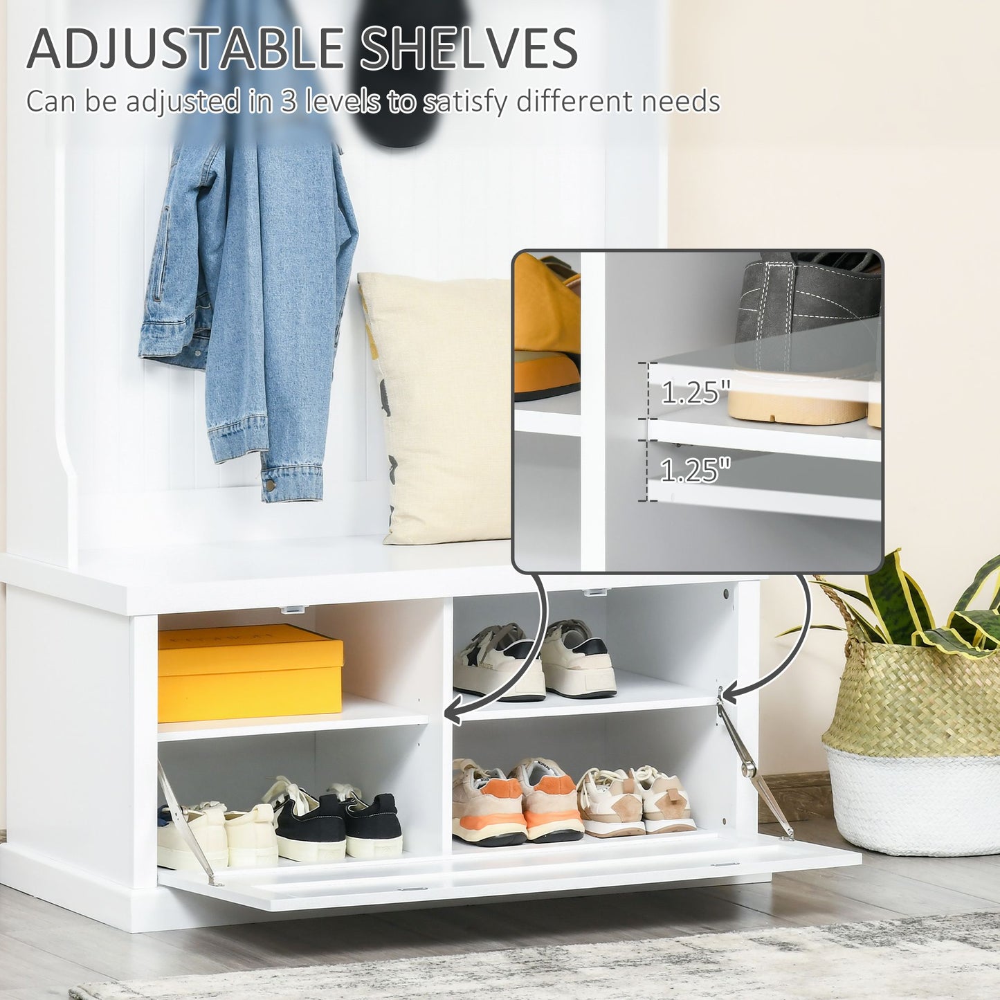 Modern Hall Tree, Coat Rack, Coat Stand With Shoe Storage Bench, 3-in-1 Wardrobe with 4 Double Hooks and 2 Shelves, Coat Hanger for Hallway, Living Room, White