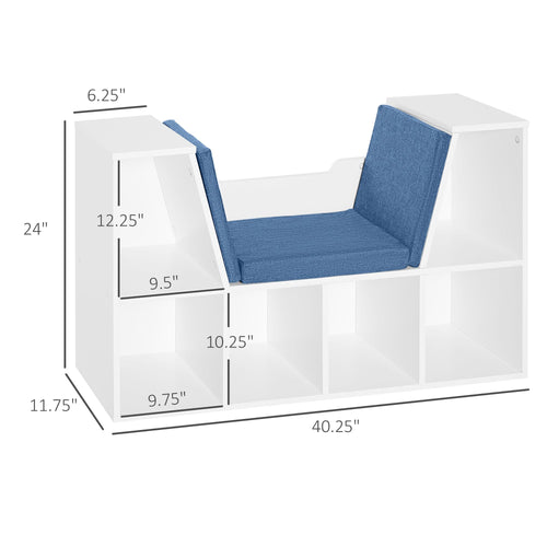 6-Cubby Bookcase with Seat Cushion, Cube Storage Shelf with Reading Nook for Home Office, Study, Blue