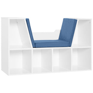 6-Cubby Bookcase with Seat Cushion, Cube Storage Shelf with Reading Nook for Home Office, Study, Blue