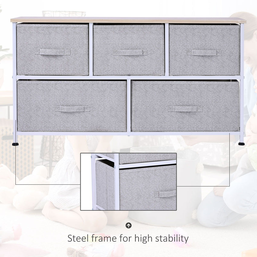 Linen Drawer Cabinet Organizer Storage Dresser Tower with 5 Removable Drawer Metal Frame Adjustable Feet for Living Room, Kitchen, Bathroom, Grey
