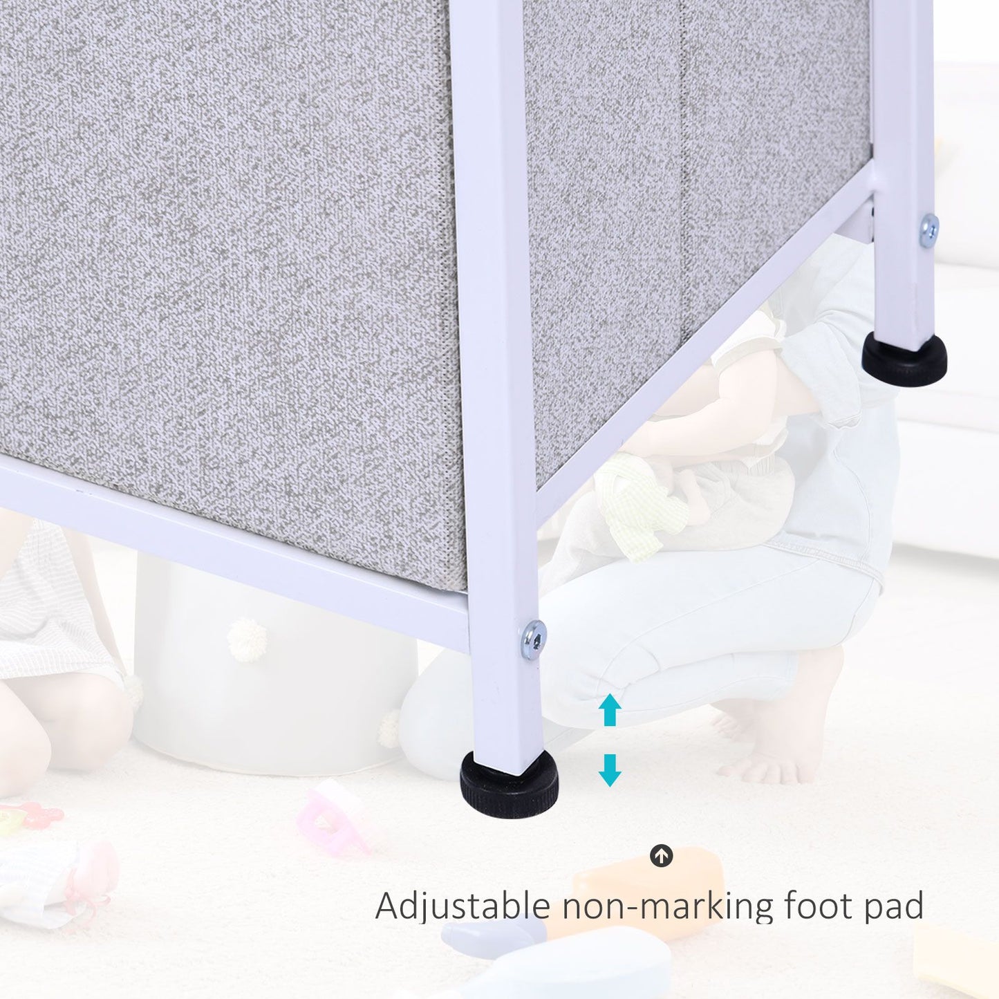 Linen Drawer Cabinet Organizer Storage Dresser Tower with 5 Removable Drawer Metal Frame Adjustable Feet for Living Room, Kitchen, Bathroom, Grey