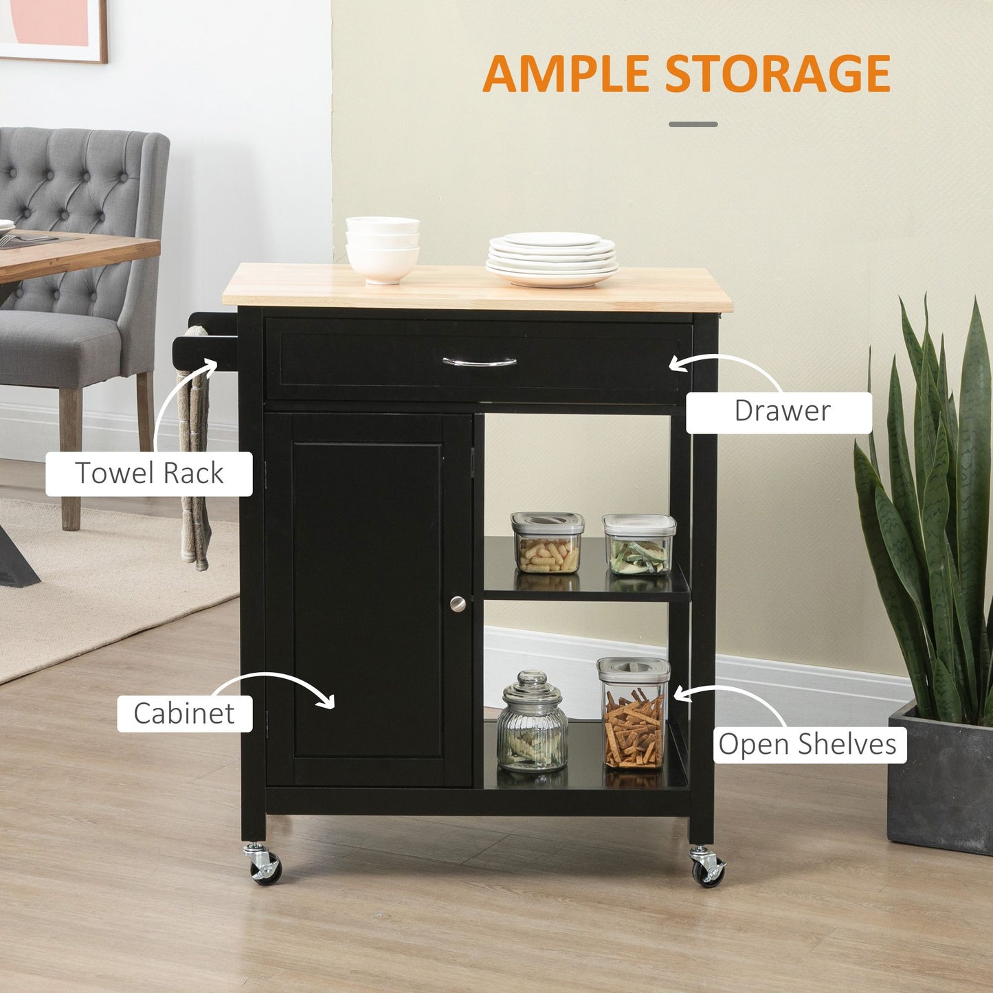Rolling Kitchen Cart with Wood Top and Drawer, Kitchen Island on Wheels for Dining Room, Black | Canada