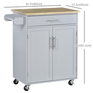 Rolling Kitchen Island Cart with Wood Top, Enough Storage Drawer Space with Towel Bar Rack Shelves, Portable Kitchen Utility Serving Cart Trolley on Wheels (Grey)
