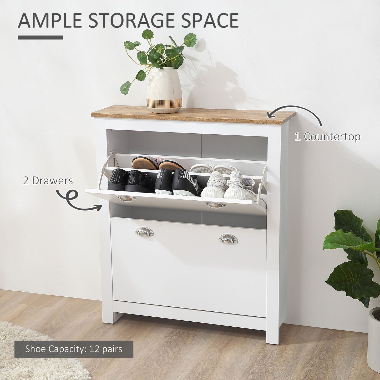 Entryway Shoe Cabinet with 2 Flip Drawers and Adjustable Shelves, 12 Pair Shoe Storage Organizer for Hallway, White