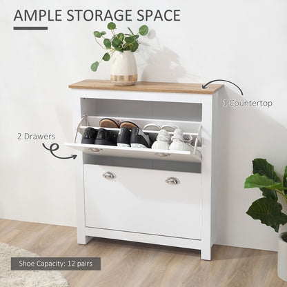Entryway Shoe Cabinet with 2 Flip Drawers and Adjustable Shelves, 12 Pair Shoe Storage Organizer for Hallway, White
