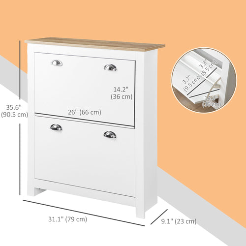 Entryway Shoe Cabinet with 2 Flip Drawers and Adjustable Shelves, 12 Pair Shoe Storage Organizer for Hallway, White