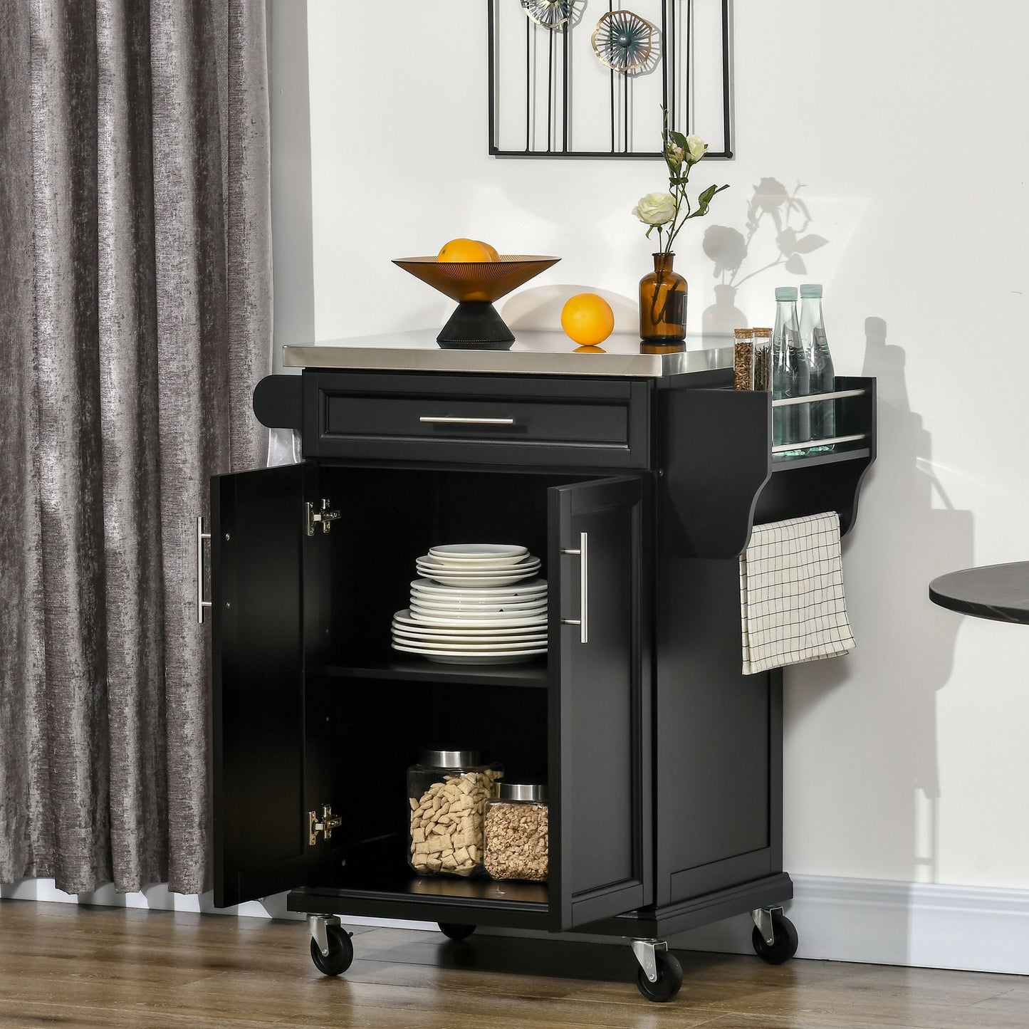 Kitchen Island with Stainless Steel Top, Rolling Kitchen Cart on Wheels with Storage Drawer, Cabinet, Towel Rack and Spice Rack (Black)