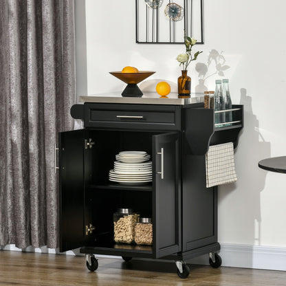 Kitchen Island with Stainless Steel Top, Rolling Kitchen Cart on Wheels with Storage Drawer, Cabinet, Towel Rack and Spice Rack (Black)
