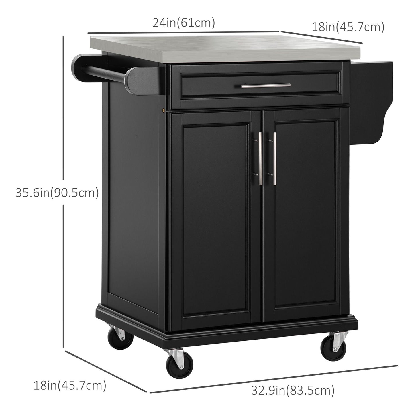 Kitchen Island with Stainless Steel Top, Rolling Kitchen Cart on Wheels with Storage Drawer, Cabinet, Towel Rack and Spice Rack (Black)