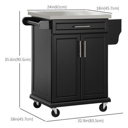 Kitchen Island with Stainless Steel Top, Rolling Kitchen Cart on Wheels with Storage Drawer, Cabinet, Towel Rack and Spice Rack (Black)