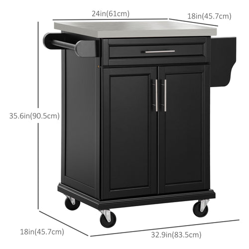 Kitchen Island with Stainless Steel Top, Rolling Kitchen Cart on Wheels with Storage Drawer, Cabinet, Towel Rack and Spice Rack (Black)