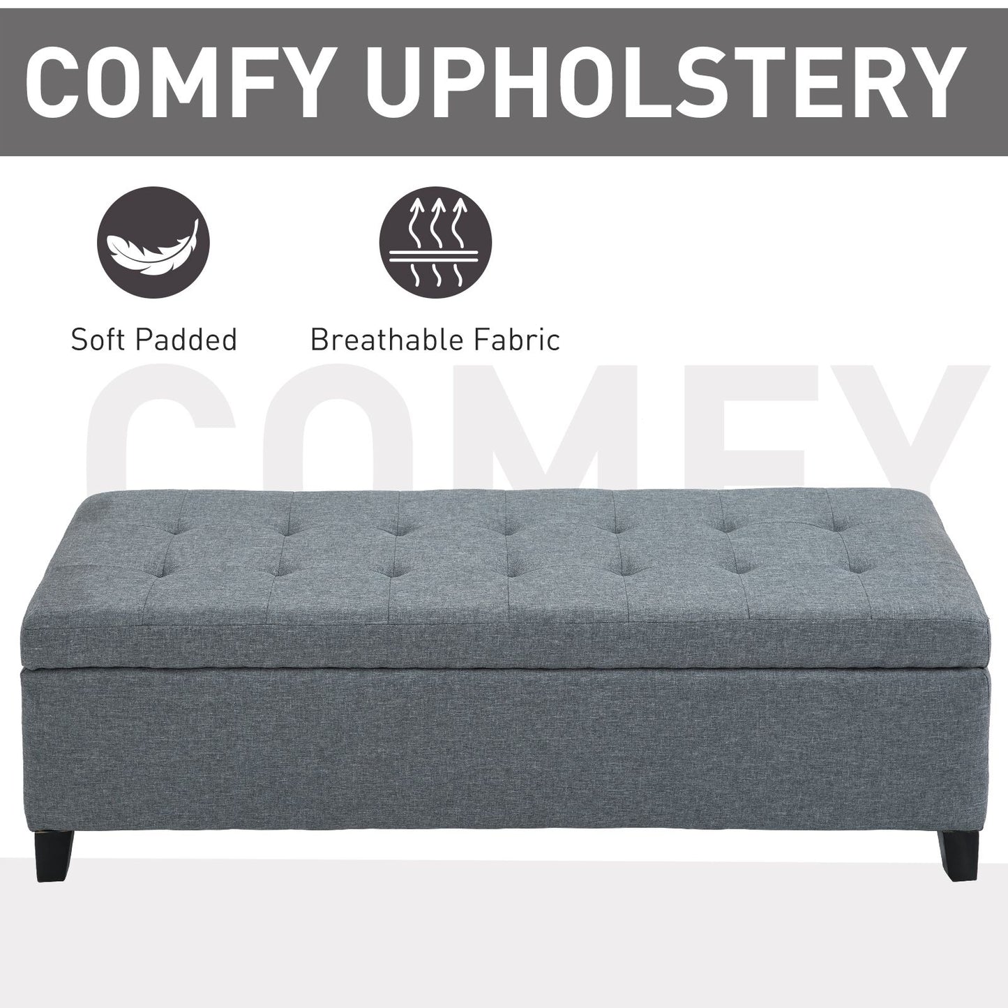 Rectangular Entry Bench, Tufted Upholstered Linen Fabric Wood Feet Storage Ottoman Bench, Grey