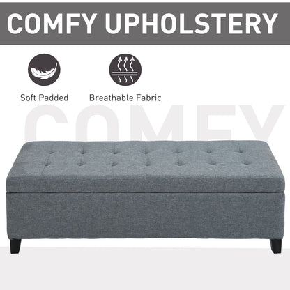 Rectangular Entry Bench, Tufted Upholstered Linen Fabric Wood Feet Storage Ottoman Bench, Grey