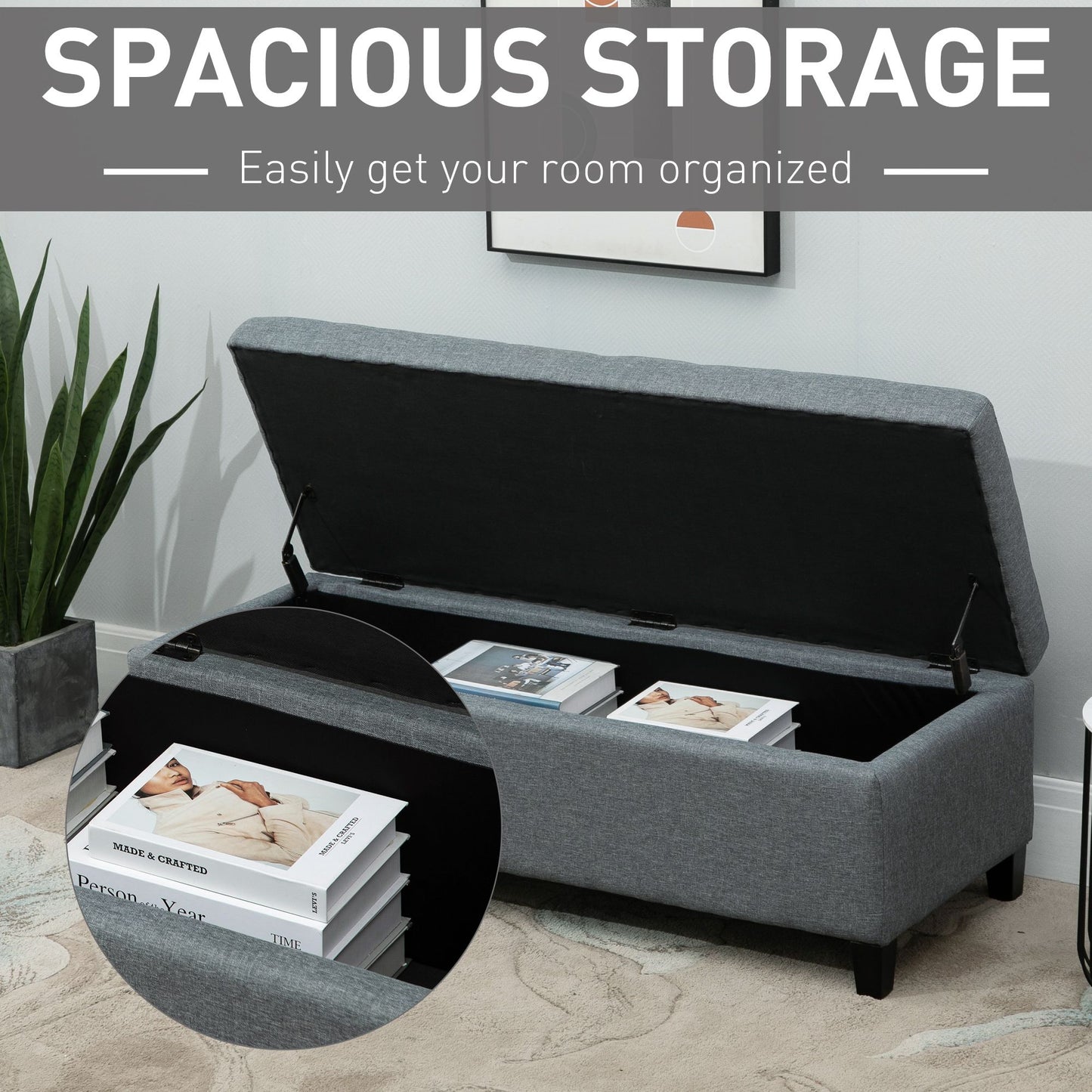 Rectangular Entry Bench, Tufted Upholstered Linen Fabric Wood Feet Storage Ottoman Bench, Grey