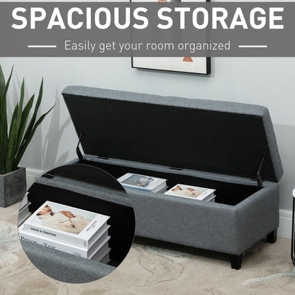 Rectangular Entry Bench, Tufted Upholstered Linen Fabric Wood Feet Storage Ottoman Bench, Grey