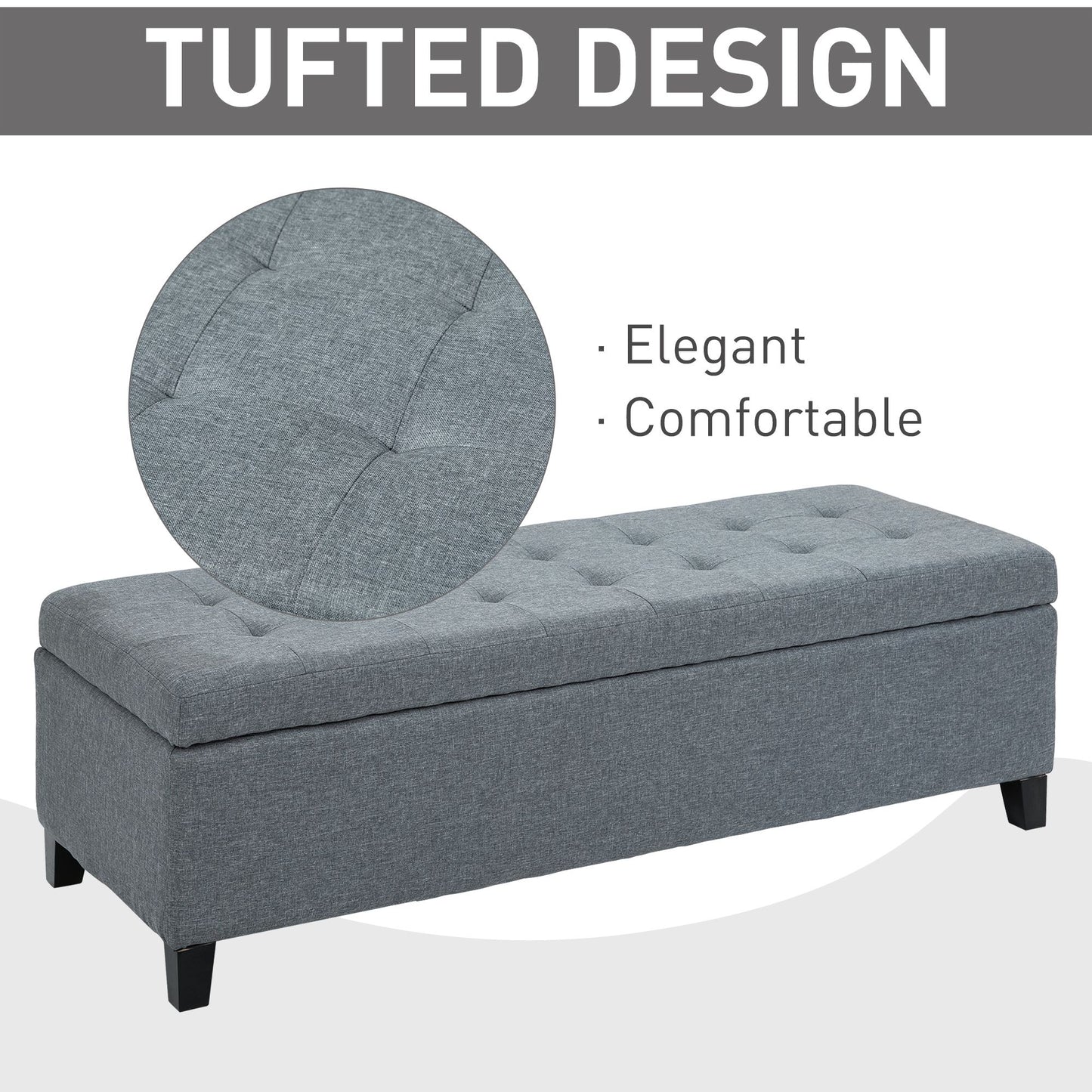 Rectangular Entry Bench, Tufted Upholstered Linen Fabric Wood Feet Storage Ottoman Bench, Grey