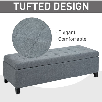 Rectangular Entry Bench, Tufted Upholstered Linen Fabric Wood Feet Storage Ottoman Bench, Grey