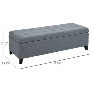 Rectangular Entry Bench, Tufted Upholstered Linen Fabric Wood Feet Storage Ottoman Bench, Grey