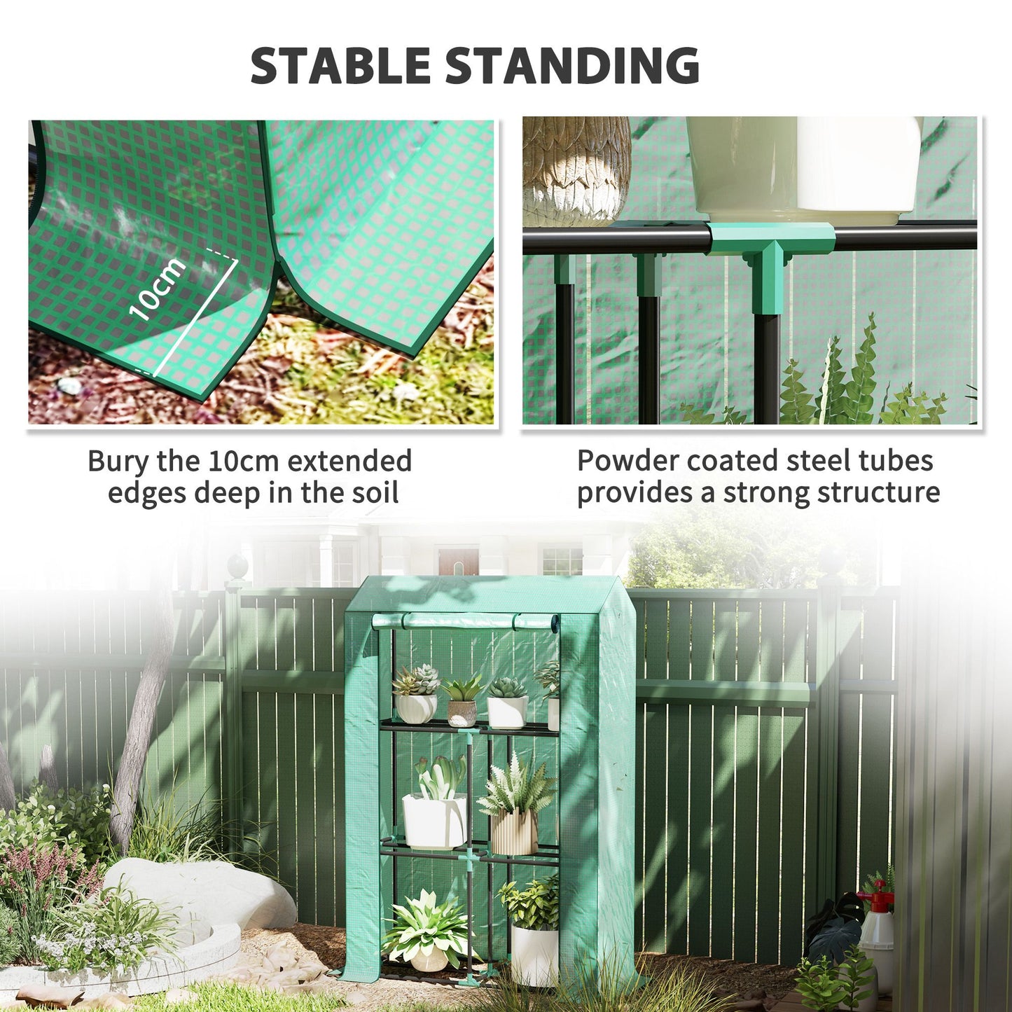 Mini Greenhouse with 3 Tier Shelves, 3 Roll-Up Doors for Indoor Outdoor, Green