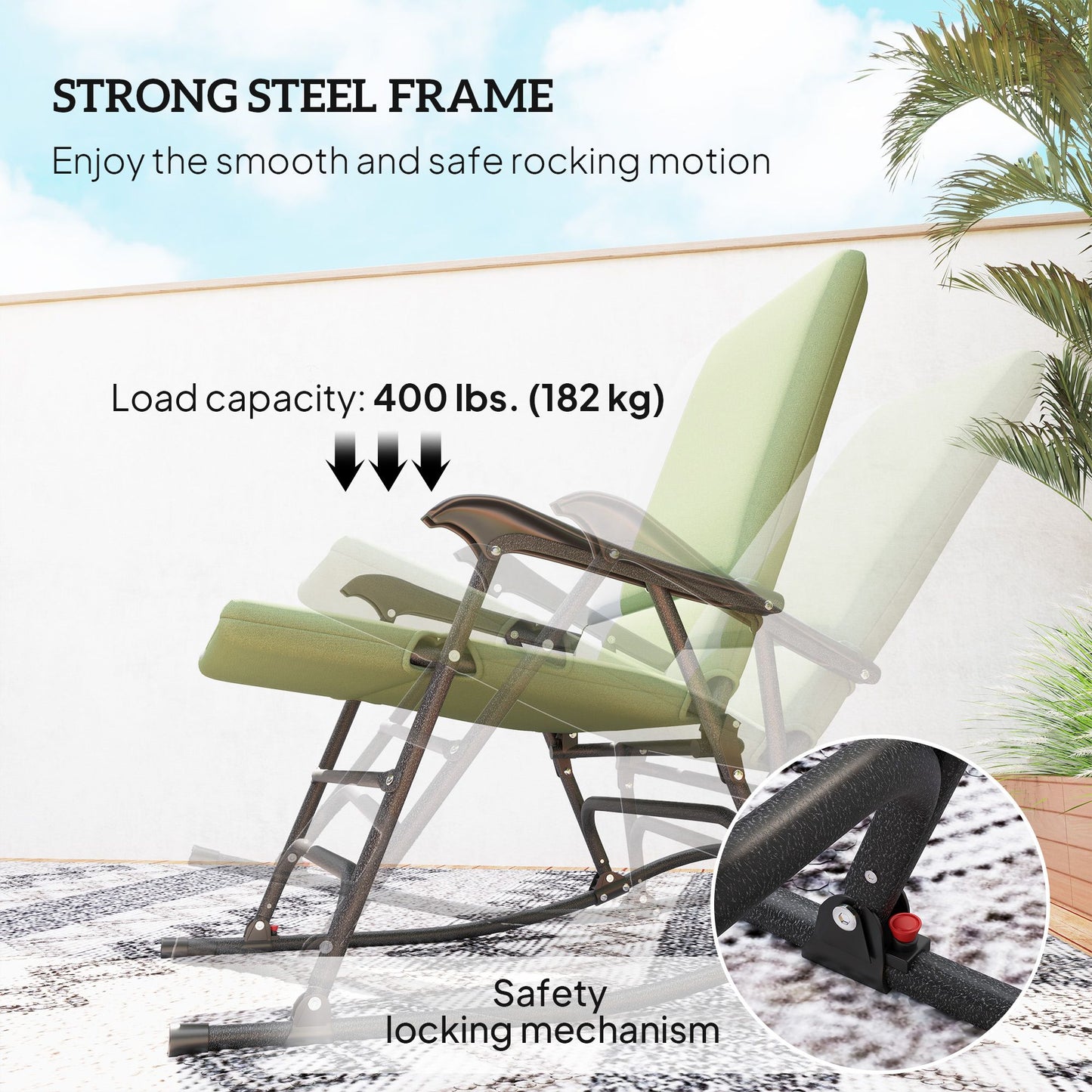 Folding Rocking Chair Set, Oversized Outdoor Rocking Chair with 400 lbs Capacity, Wide Seat, Padded High Back, Green