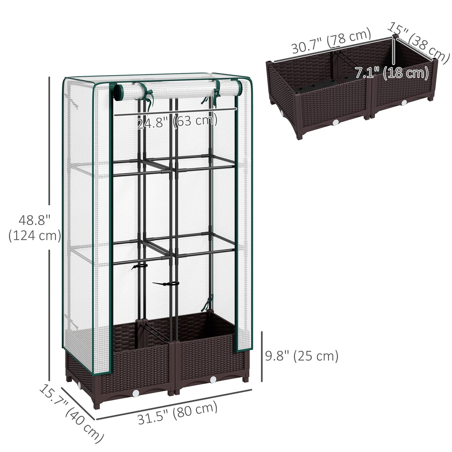 Raised Garden Bed Kit with Trellis, Raised Flower Bed with PE Cover and Zipper Door, 31.5 x 15.7 x 48.8 inch, Brown