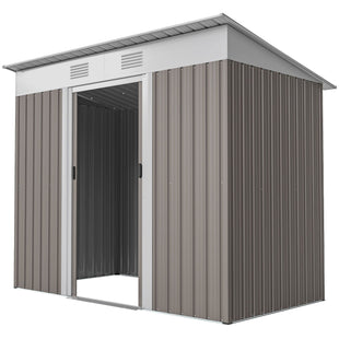 7' x 4' Outdoor Storage Shed, Metal Garden Tool Storage House Organizer with Lockable Sliding Doors and Vents for Backyard Patio Lawn, Light Grey