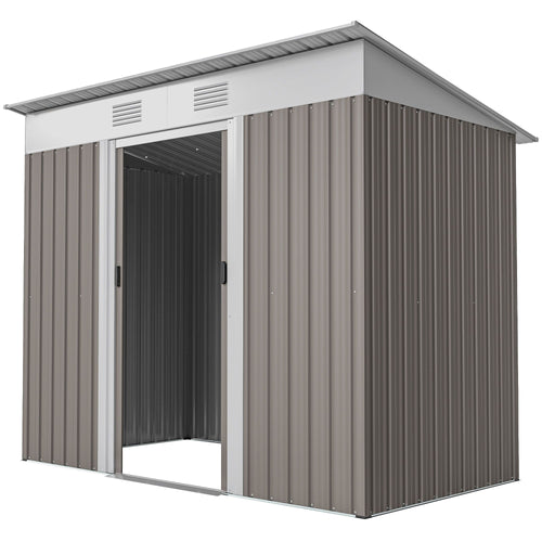 7' x 4' Outdoor Storage Shed, Metal Garden Tool Storage House Organizer with Lockable Sliding Doors and Vents for Backyard Patio Lawn, Light Grey
