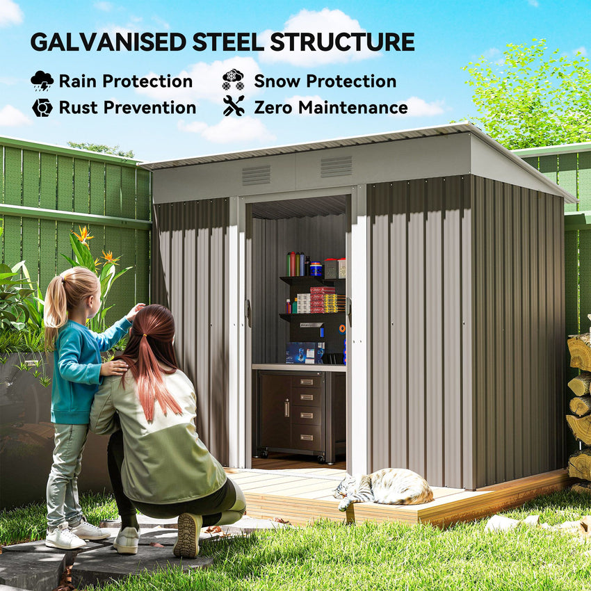 7' x 4' Outdoor Storage Shed, Metal Garden Tool Storage House Organizer with Lockable Sliding Doors and Vents for Backyard Patio Lawn, Light Grey
