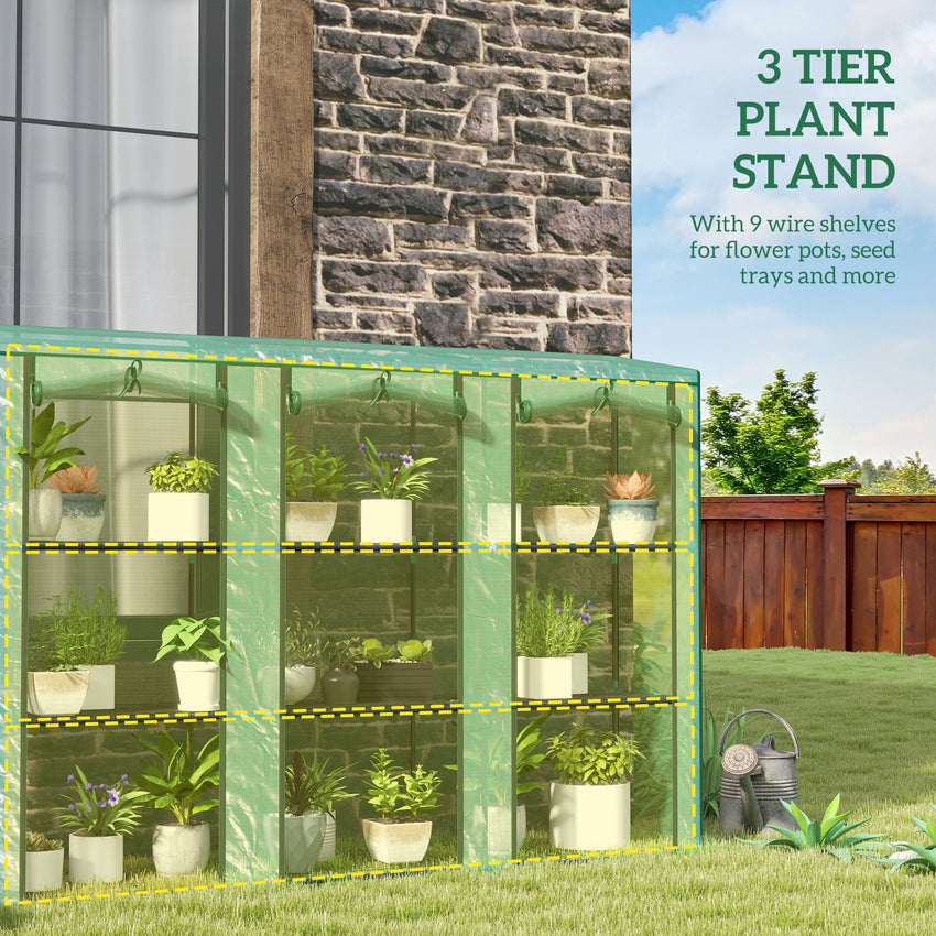 Lean-to Greenhouse with 3 Tier Shelves, Mini Greenhouse with 3 Roll-Up Doors for Indoor Outdoor, Green