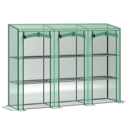 Lean-to Greenhouse with 3 Tier Shelves, Mini Greenhouse with 3 Roll-Up Doors for Indoor Outdoor, Green