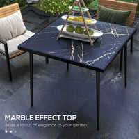 Outdoor Dining Table for 4, Square Patio Dining Table with Marble Effect Tempered Glass Top and Steel Frame, Black