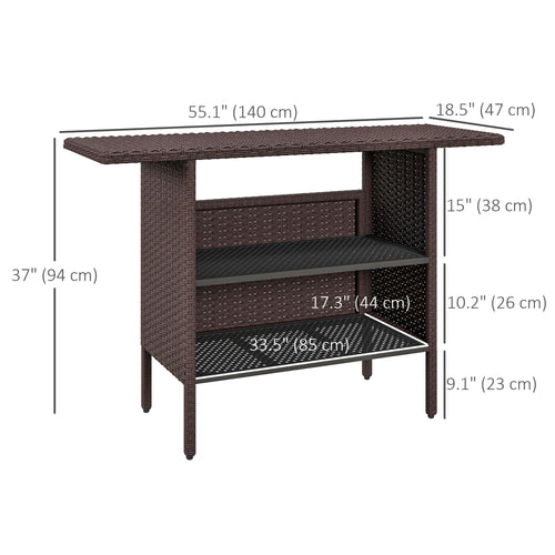Bar Height Outdoor Rattan Table, Patio Wicker Bar Table with 2 Storage Shelves, 55.1" x 18.5" x 37", Brown