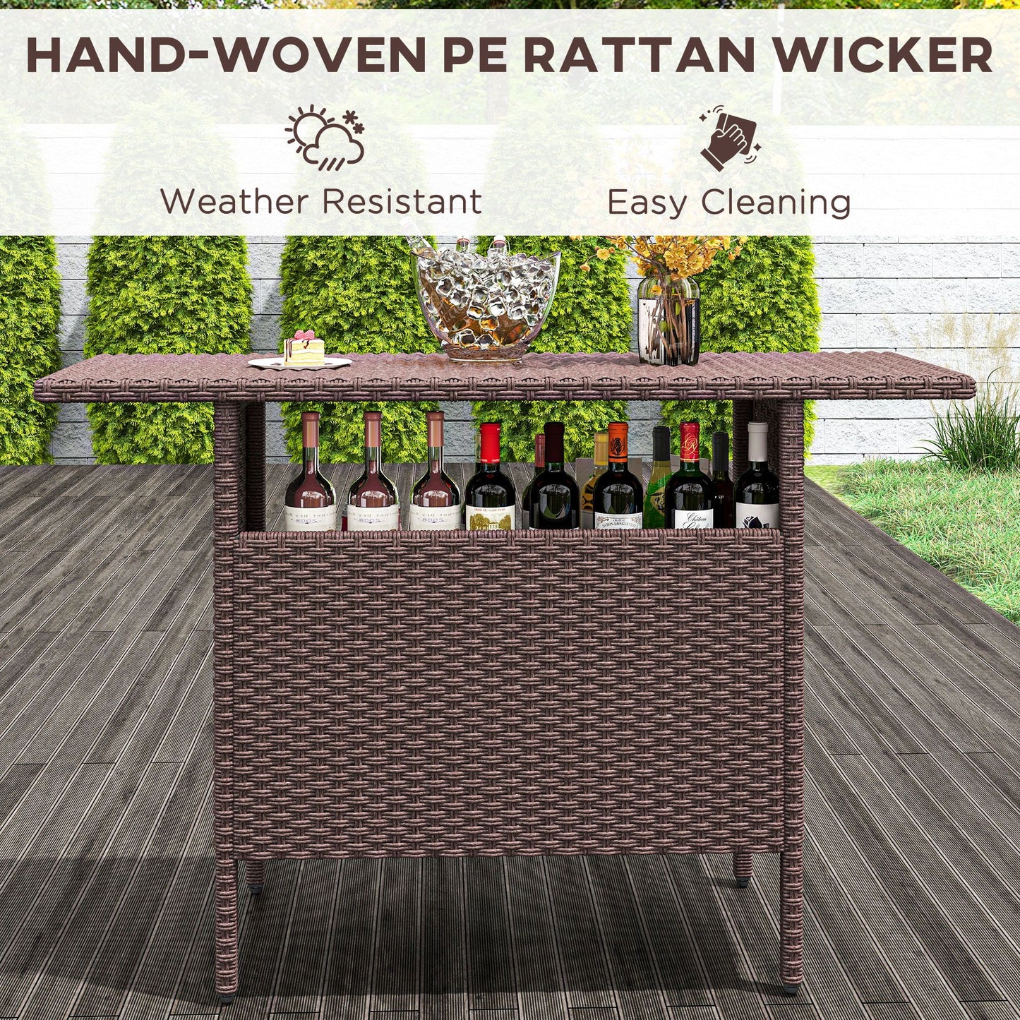 Bar Height Outdoor Rattan Table, Patio Wicker Bar Table with 2 Storage Shelves, 55.1" x 18.5" x 37", Brown