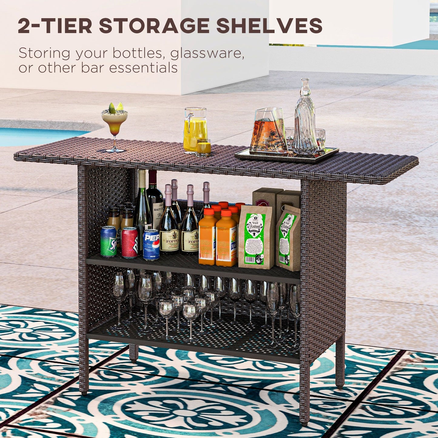 Bar Height Outdoor Rattan Table, Patio Wicker Bar Table with 2 Storage Shelves, 55.1" x 18.5" x 37", Brown