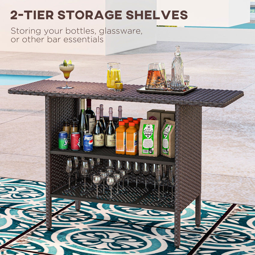 Bar Height Outdoor Rattan Table, Patio Wicker Bar Table with 2 Storage Shelves, 55.1" x 18.5" x 37", Brown