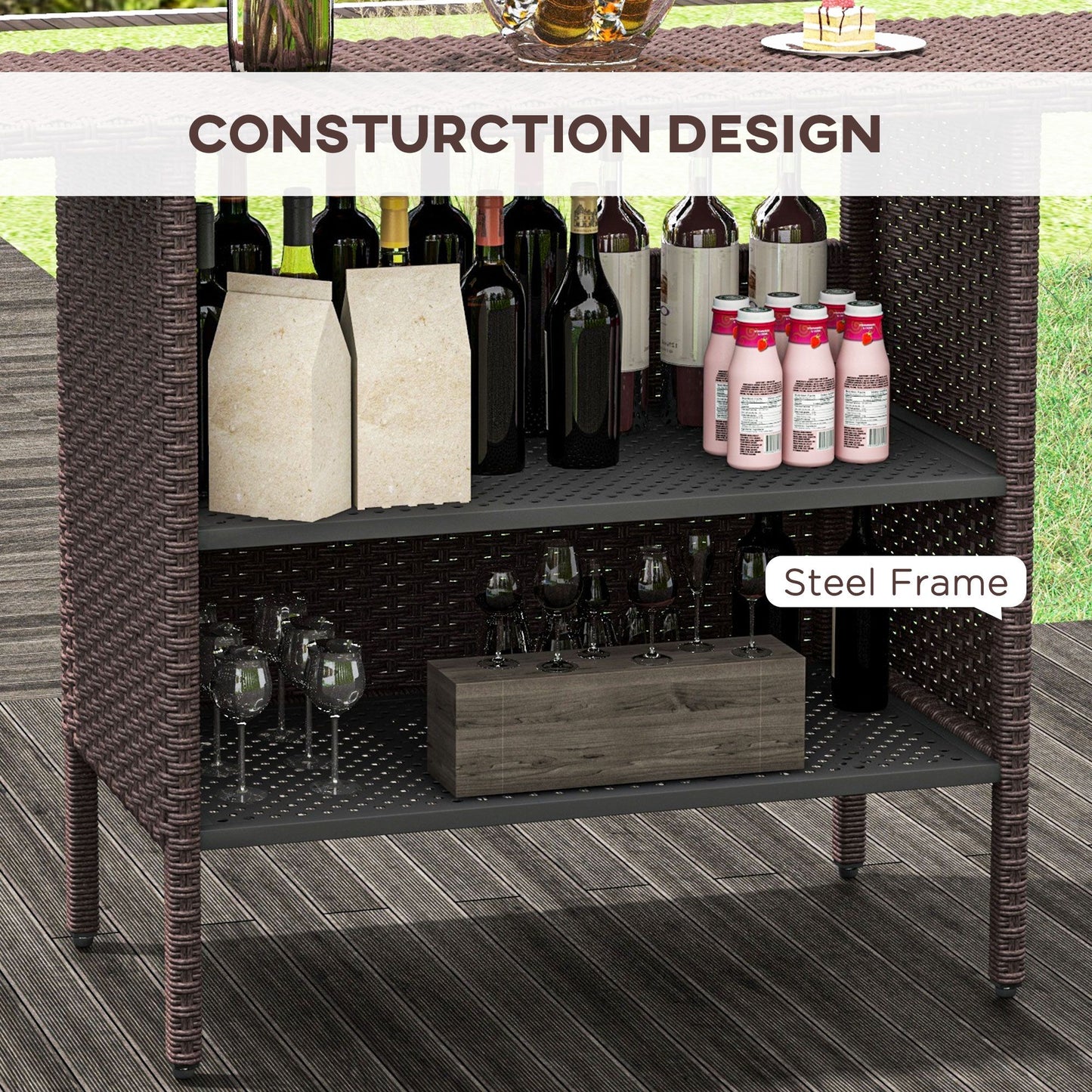 Bar Height Outdoor Rattan Table, Patio Wicker Bar Table with 2 Storage Shelves, 55.1" x 18.5" x 37", Brown