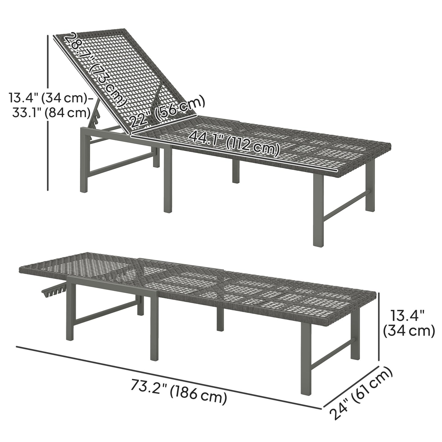 Wicker Outdoor Lounge Chair, Rattan Reclining Patio Lounger Tanning Chair with Adjustable Back, Light Grey