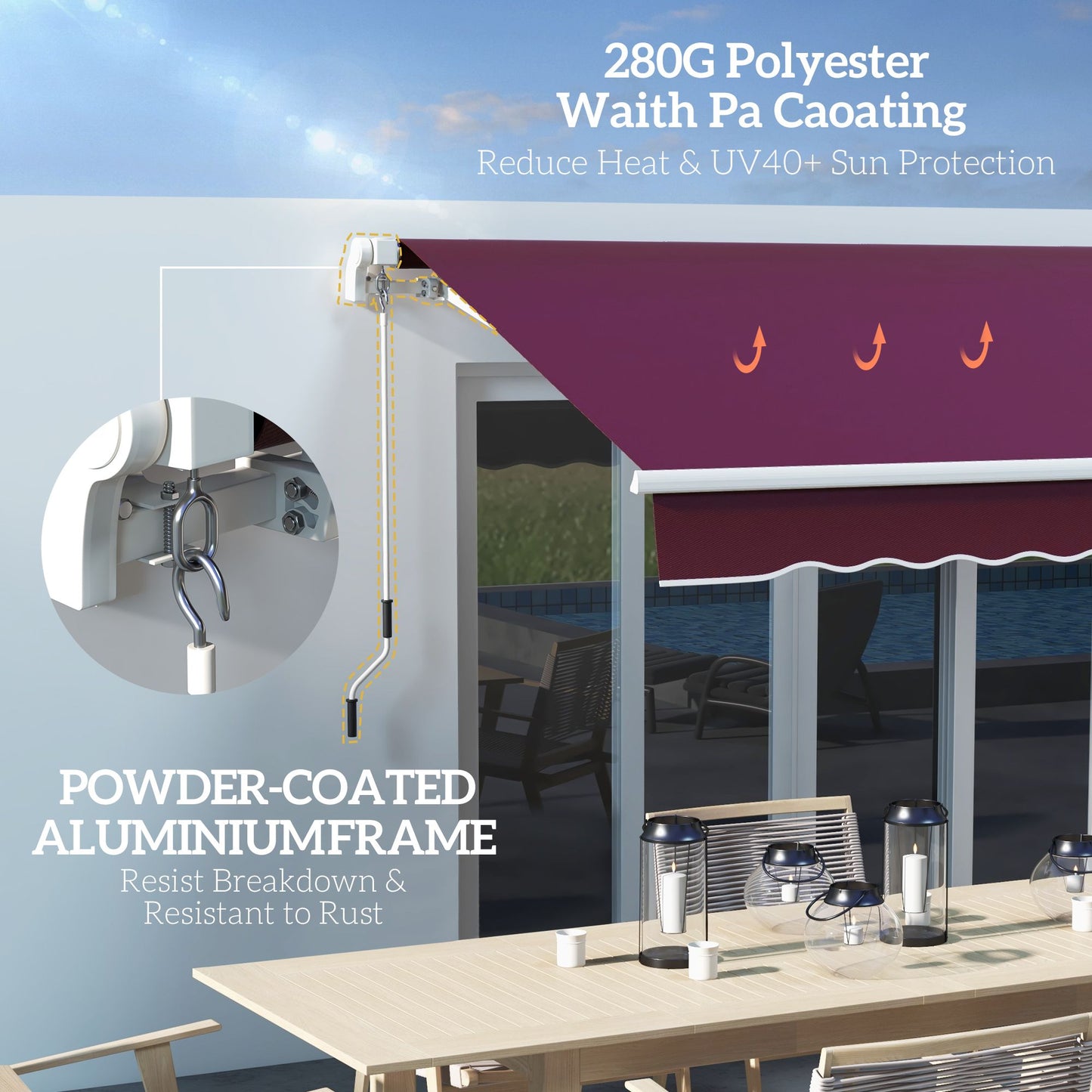 10' x 6.5' Manual Retractable Awning with LED Lights, Aluminum Frame Sun Canopies for Patio Door Window, Wine Red