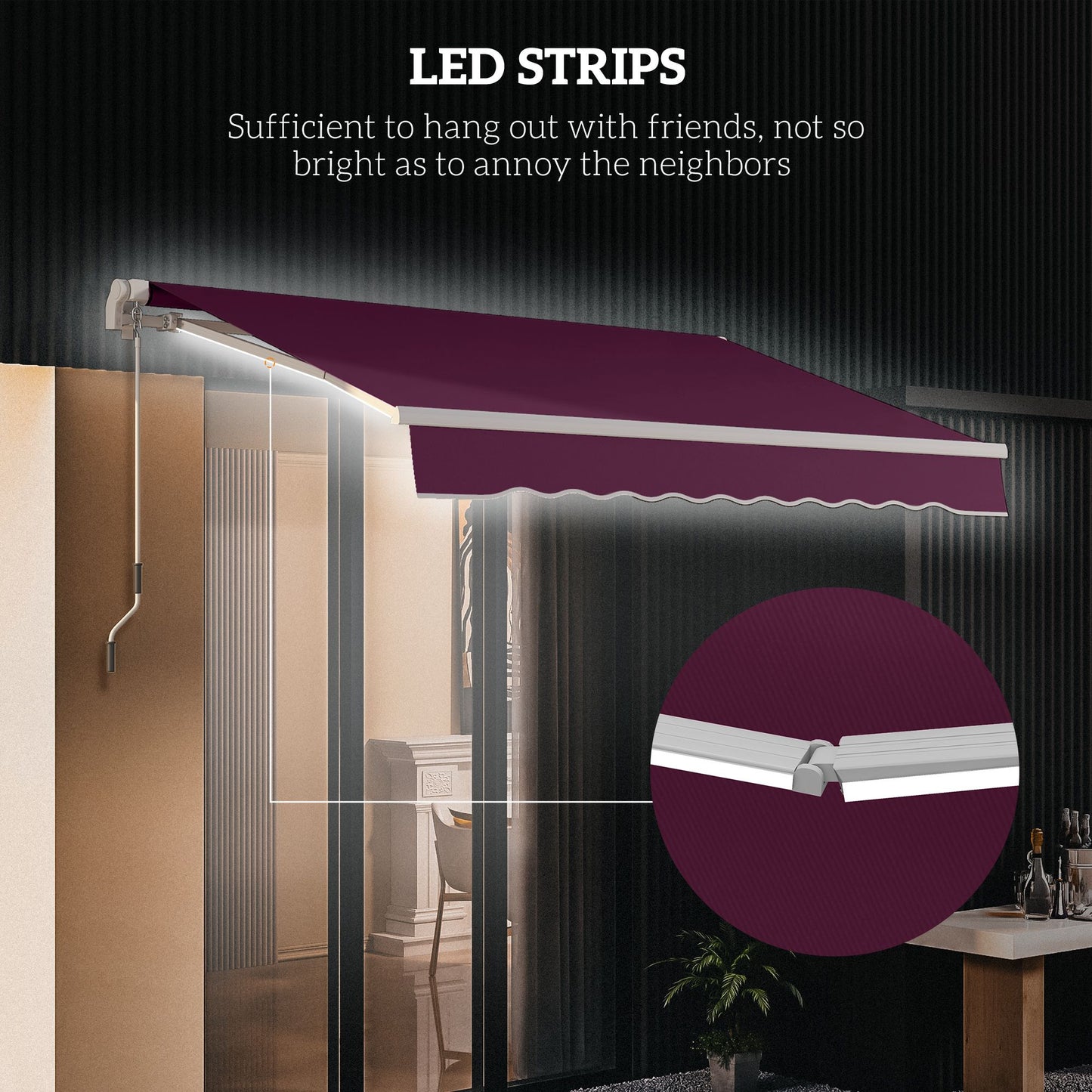 10' x 6.5' Manual Retractable Awning with LED Lights, Aluminum Frame Sun Canopies for Patio Door Window, Wine Red
