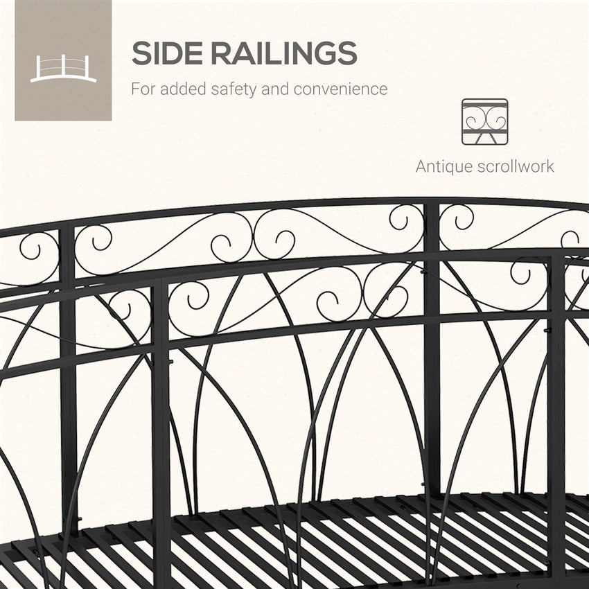 8' Metal Arch Garden Bridge Arc Footbridge with Guardrails and Decorative Scrollwork, Black