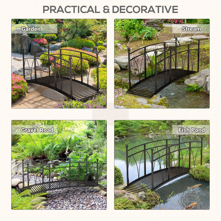 8' Metal Arch Garden Bridge Arc Footbridge with Guardrails and Decorative Scrollwork, Black