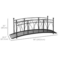 8' Metal Arch Garden Bridge Arc Footbridge with Guardrails and Decorative Scrollwork, Black