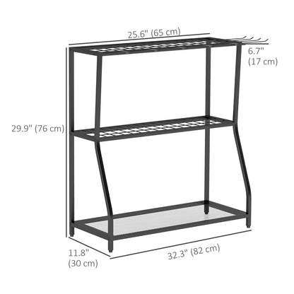 3-Tier Yard Tool Tower Rack, Garden Tool Organizer with Hooks for Long-Handled Rakes, Shovel, Broom, Black